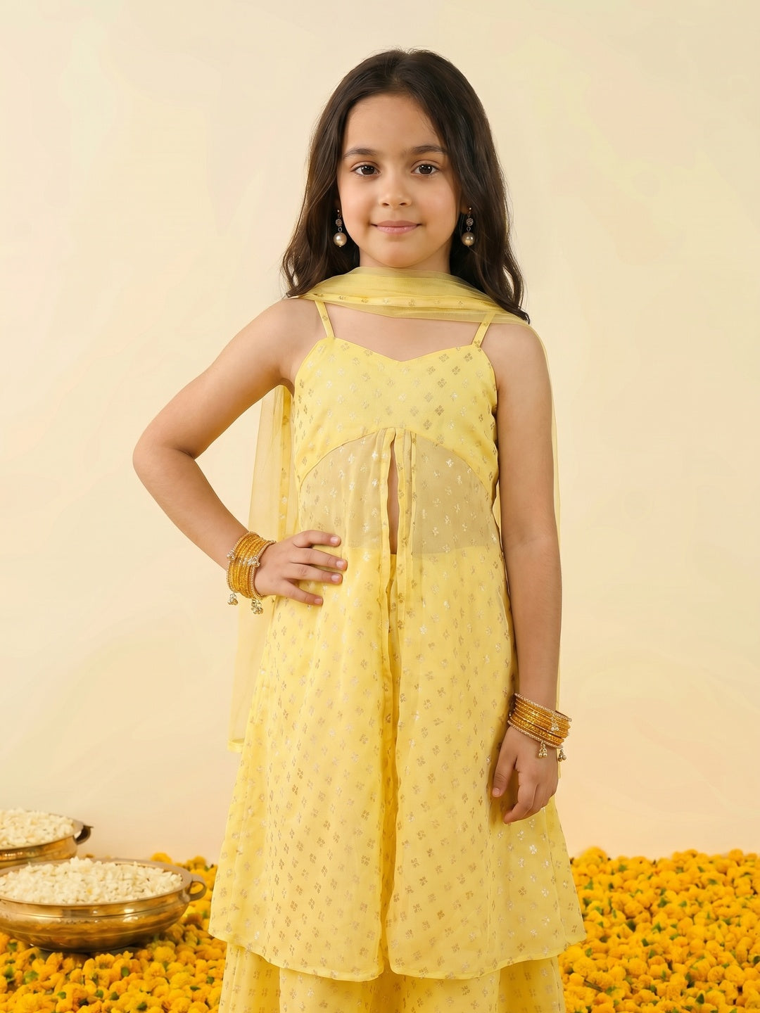 Nautinati Girls' Georgette Blend Ready-to-wear All-over Gold Toned Foil Print Lehenga & Blouse with Net Dupatta
