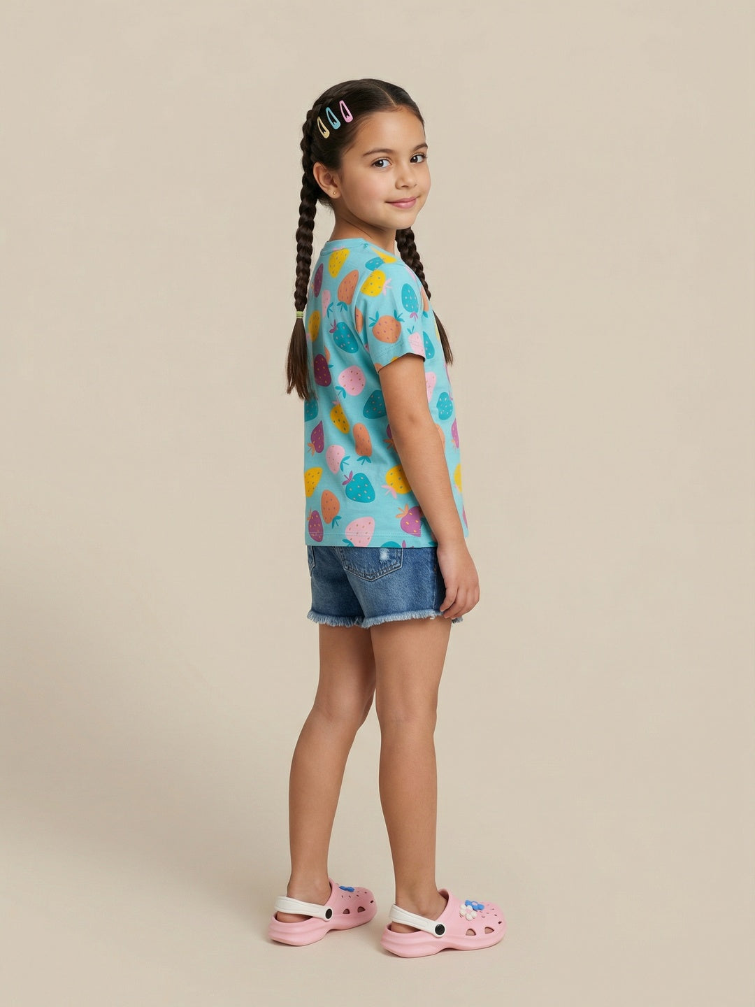 Nautinati Girls' 100% Cotton Pack of 2 Strawberry Graphic & All-over Print Crew Neck T-shirts