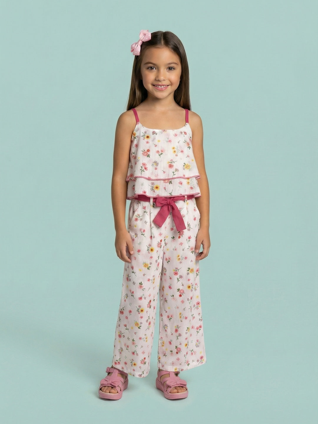 Nautinati Girls 100% Cotton Floral Printed Crop Top With Wide Leg Bottom Co-Ord Set