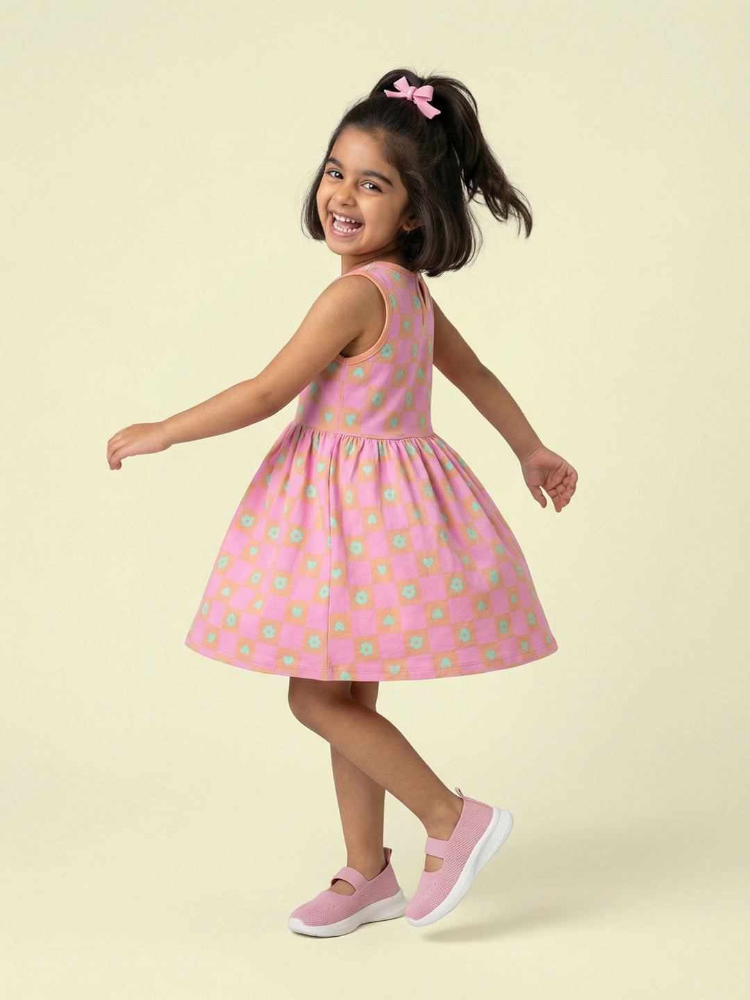 Nautinati Girls' 100% Cotton Pack of 2 Fit & Flare Dresses with Cat Graphic & Floral, Heart All-over Print