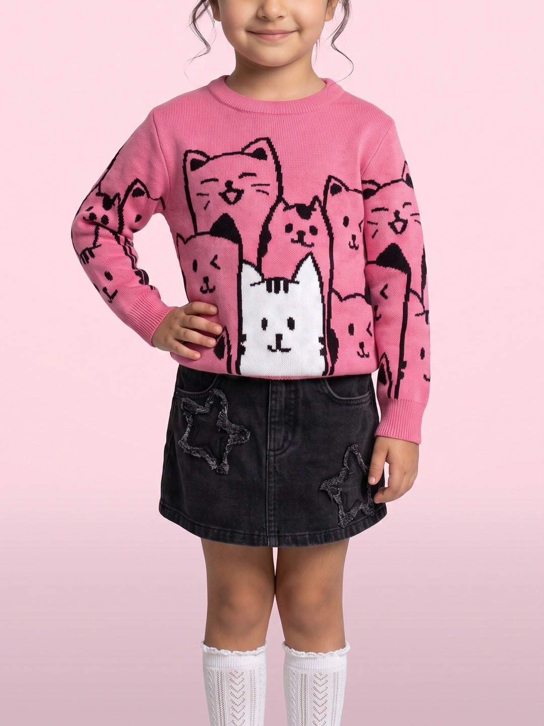Nautinati Girls Relaxed Fit Pink Cats Round Neck Full Sleeves Sweater