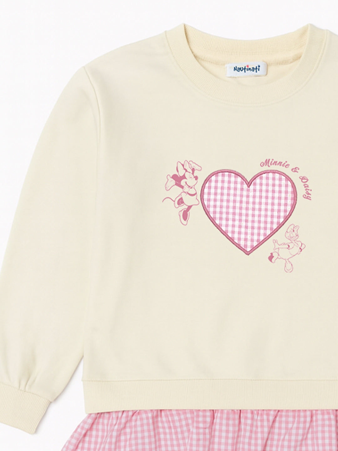 Nautinati Cream and Pink Minnie Mouse and Daisy Heart Print Sweatshirt for Girls