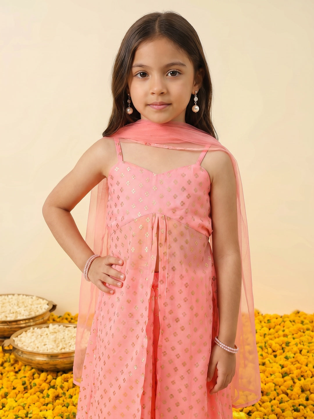 Nautinati Girls' Georgette Blend Ready-to-wear All-over Gold Toned Foil Print Lehenga & Blouse with Net Dupatta