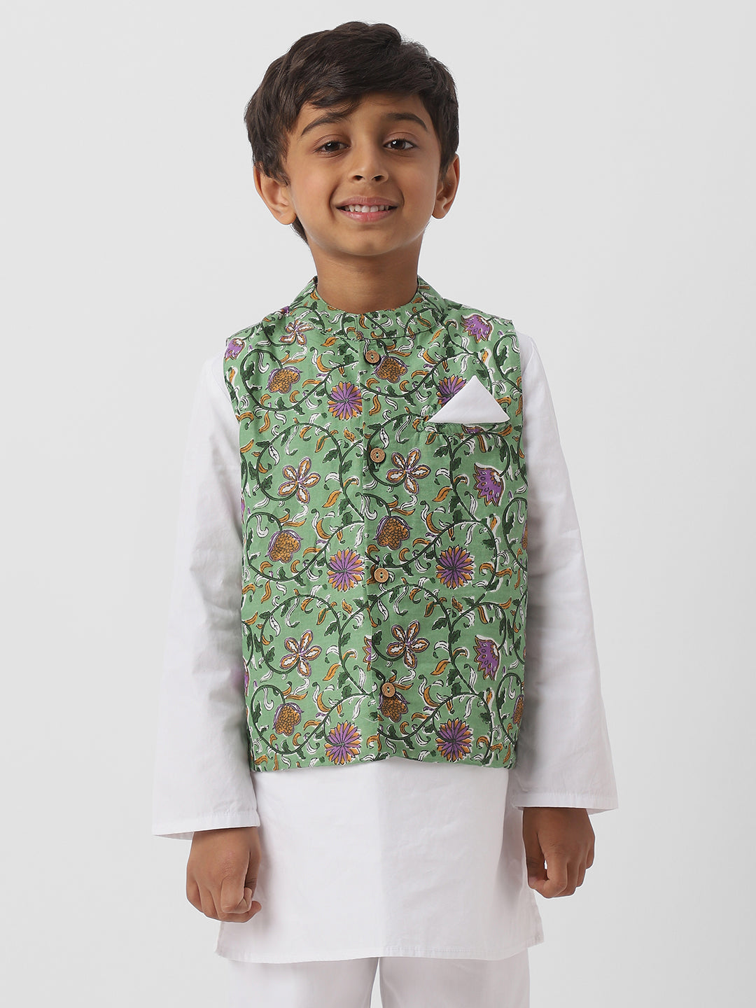 Nautinati Boysâ€™ White Cotton Full Sleeve Kurta-Pyjama with Floral Jaipur Print Nehru Jacket