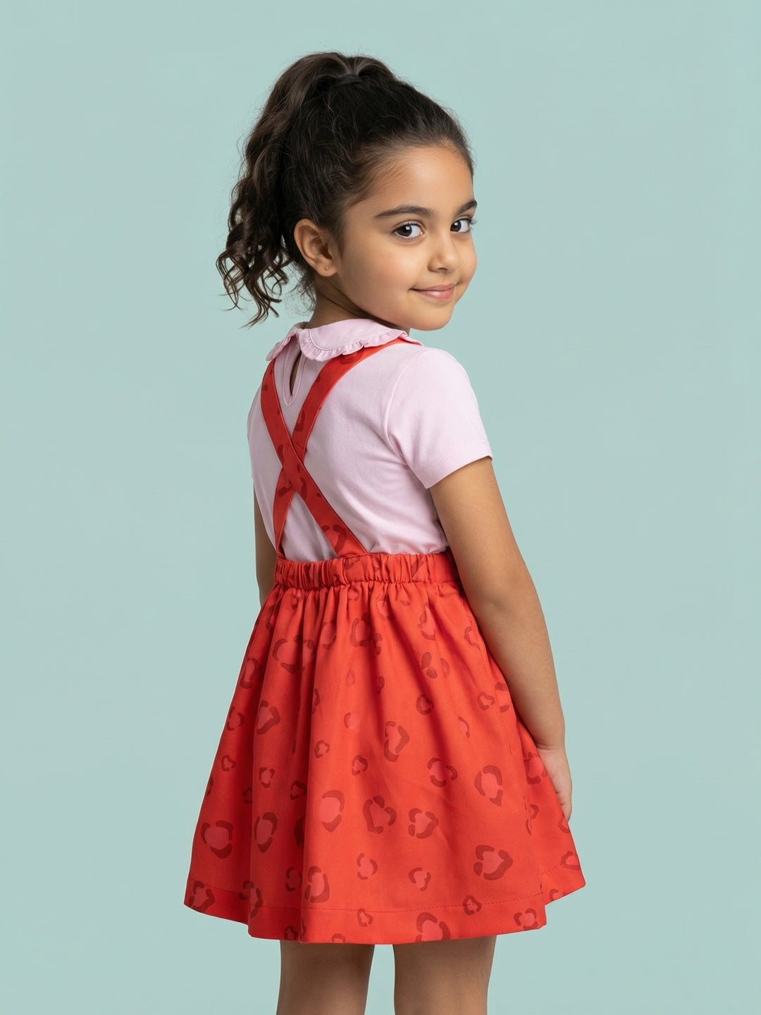Nautinati Girls Printed Fit and Flare Pinafore Frock with Peter Pan Collar Top Co-ord Set