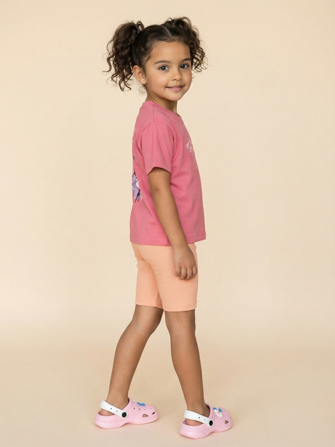 Nautinati Girls Pink Cotton Cowgirl Print Oversized Fit Crew Neck T-shirt and Elasticated Shorts Clothing Set