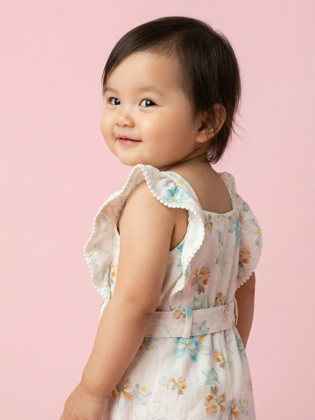 Nautinati Girls' 100% Cotton All-over Floral Print Jumpsuit with Mock Belt