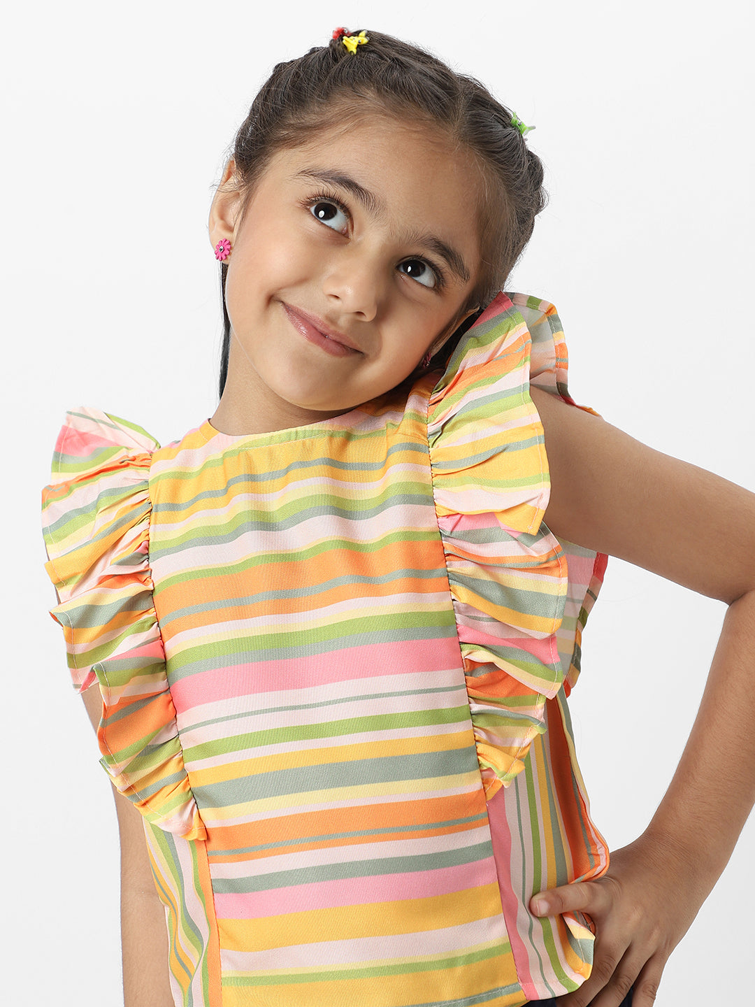 Nautinati Girls' Combo Set of Striped Sleeveless Top with Matching Belt and Solid Shorts