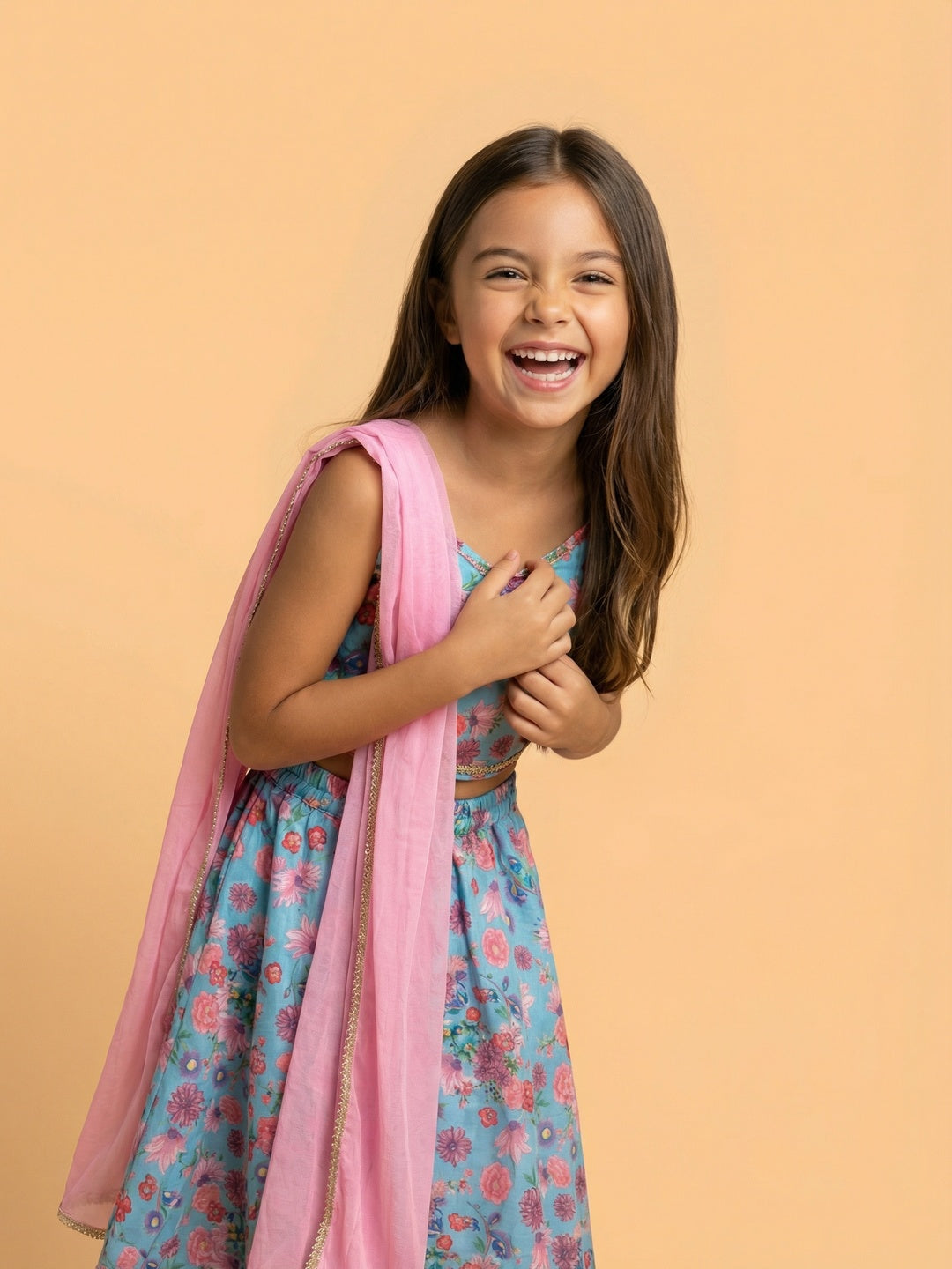 Nautinati Girls' Cotton Blend Woven Festive Floral Print Lehenga & Choli Set