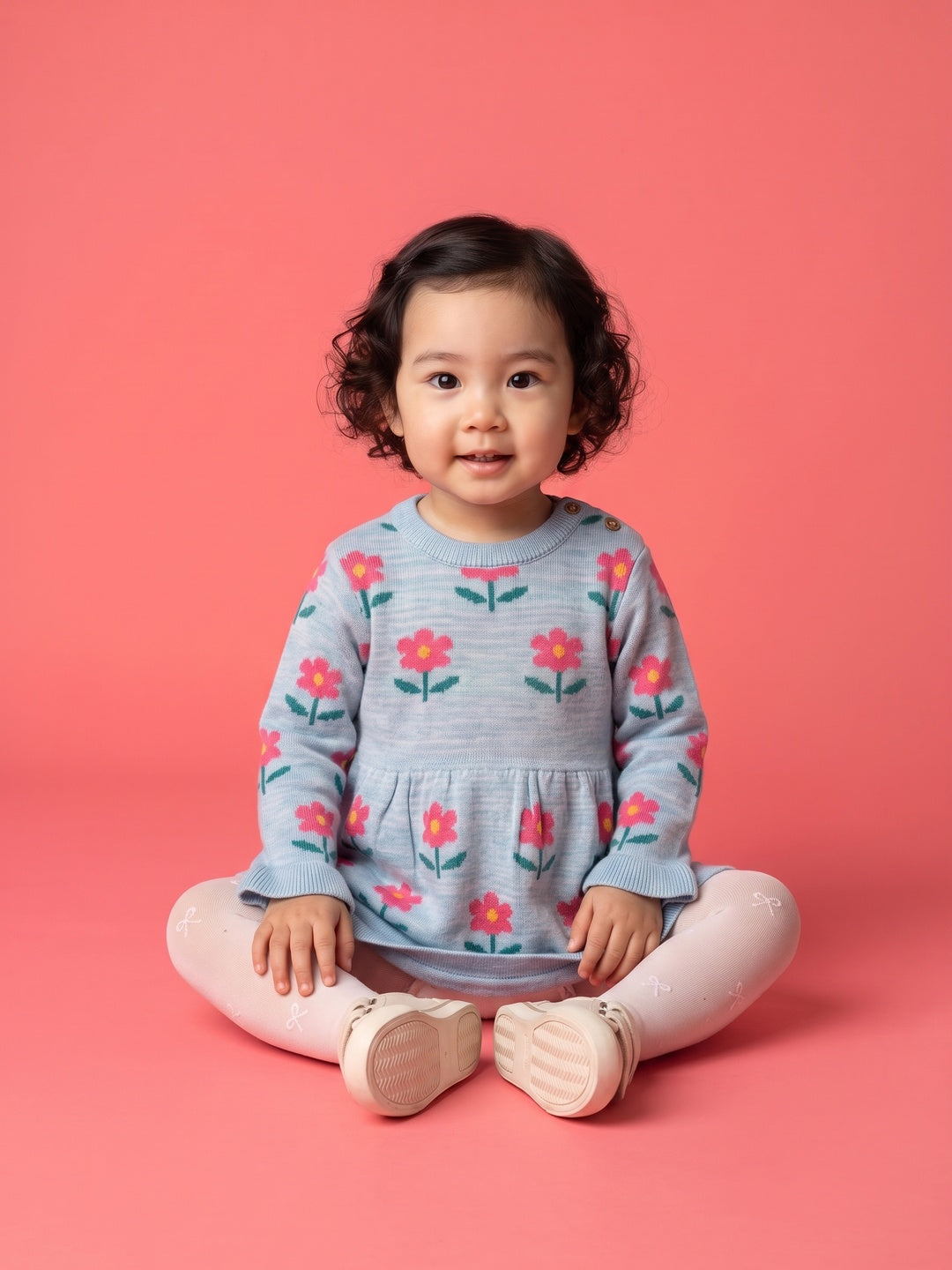 Nautinati Baby Girls Floral Knit A-Line Round Neck Frock