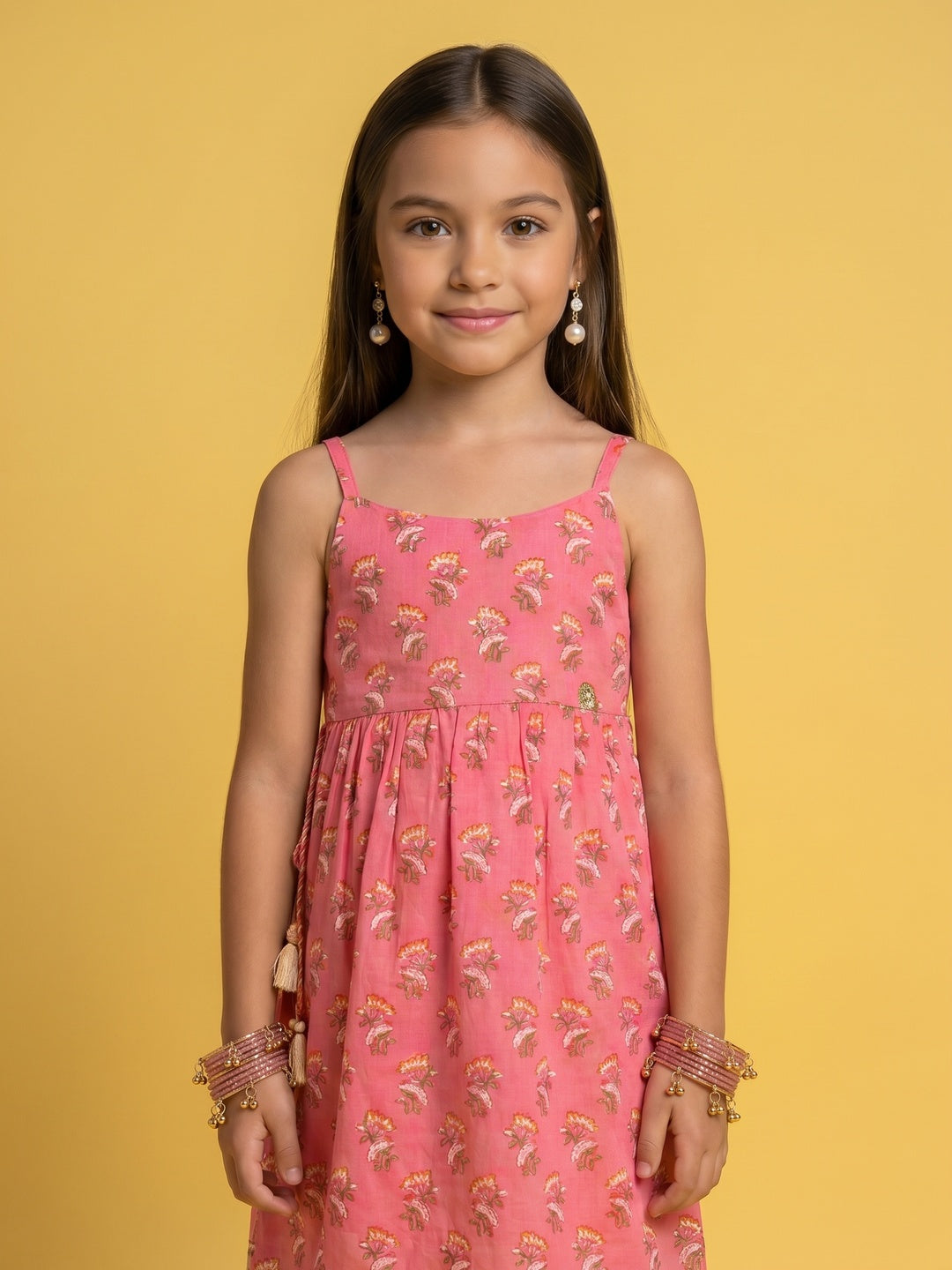 Girls Pink-White Floral Printed Cotton A-Line Kurta With Gathered Waist And Palazzo With Dupatta