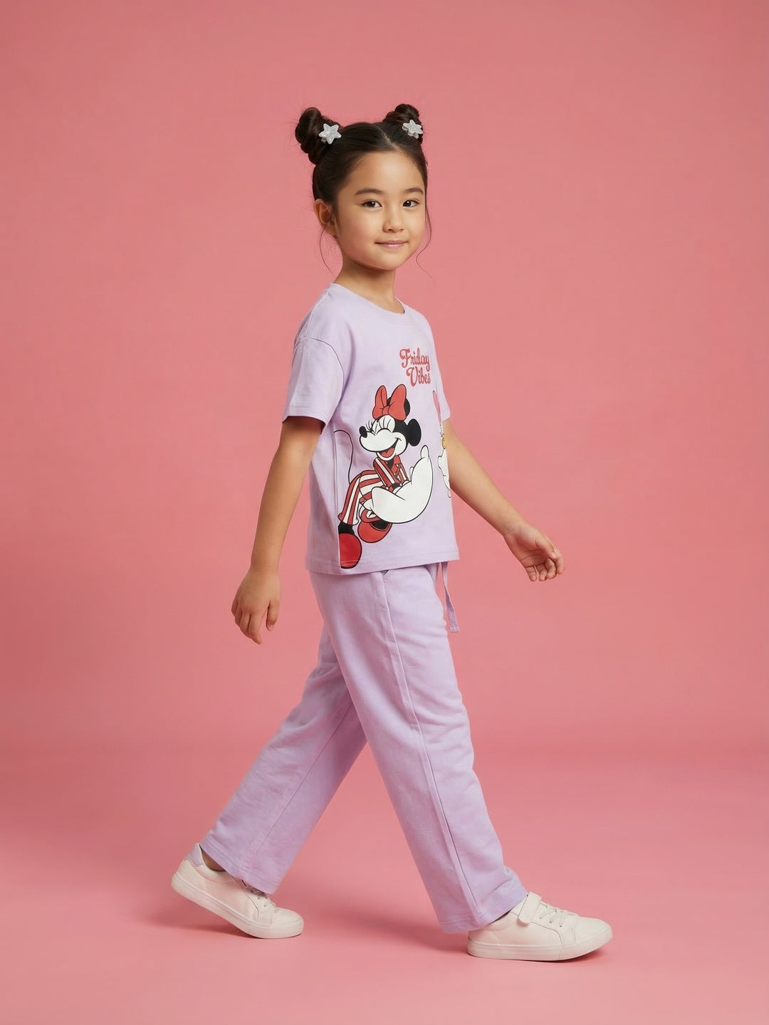 Nautinati Girls' 100% Cotton Disney Minnie Mouse Graphic Printed Night Suit Set