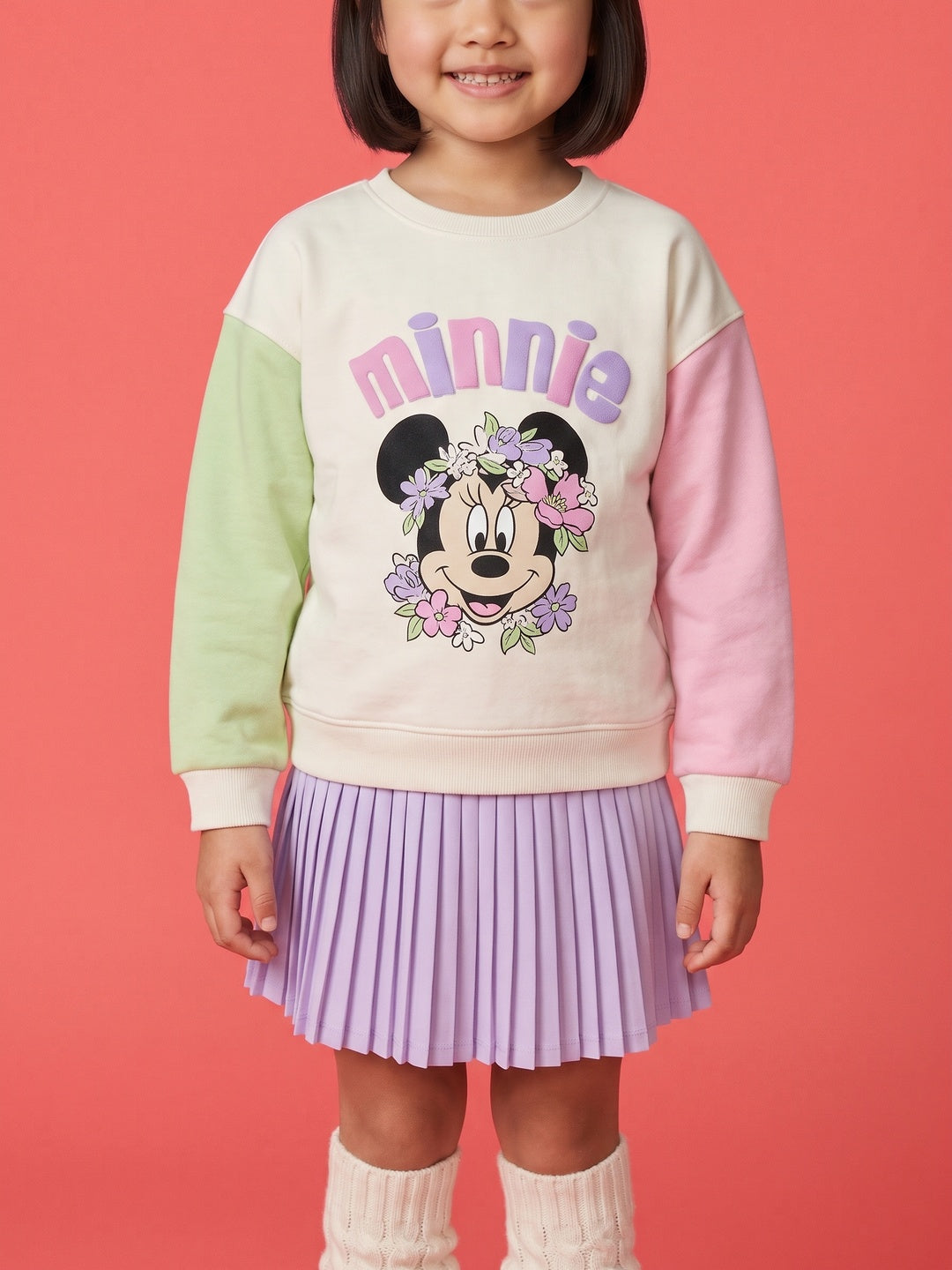 Nautinati Girls Disney Minnie Mouse Oversized Colourblock Puff Printed Sweatshirt