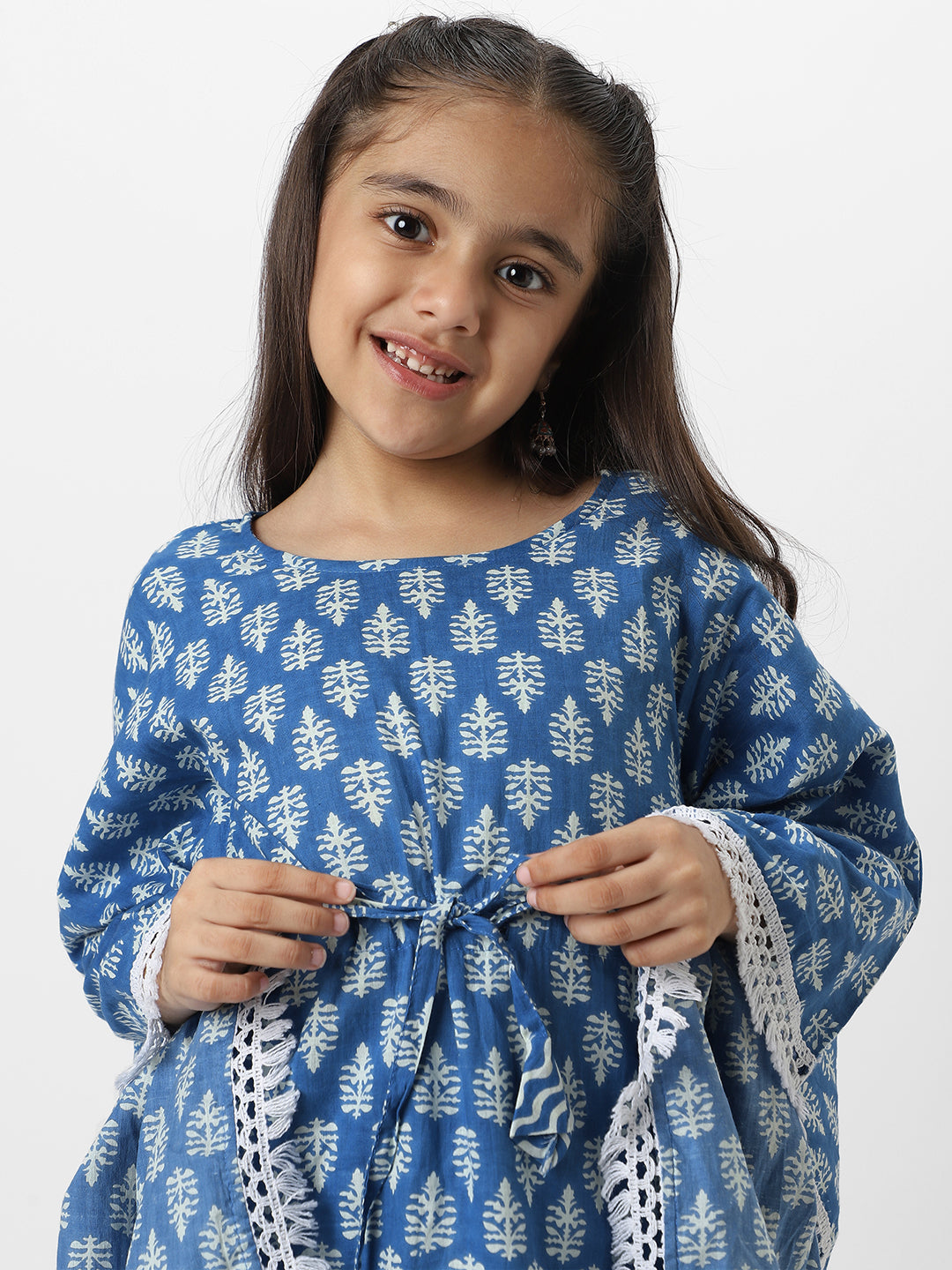 Nautinati Girl's Block Printed Blue Kaftaan Ethnic Set