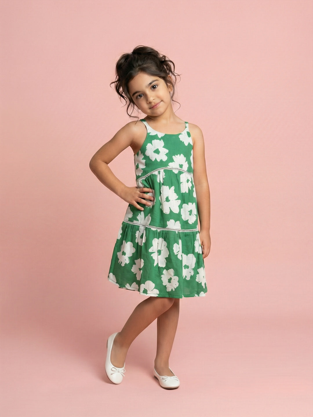 Nautinati Girls 100% Cotton All-over Floral Print A-line Tiered Dress with Lace Design