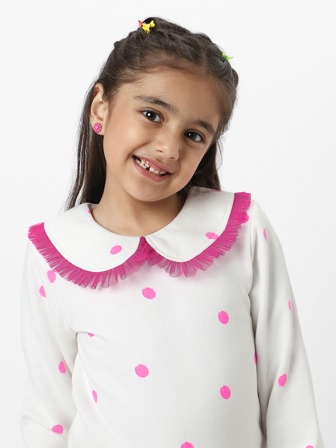 Nautinati Girls Snow White Dot Printed Ruffle Sweatshirt With Sling Bag