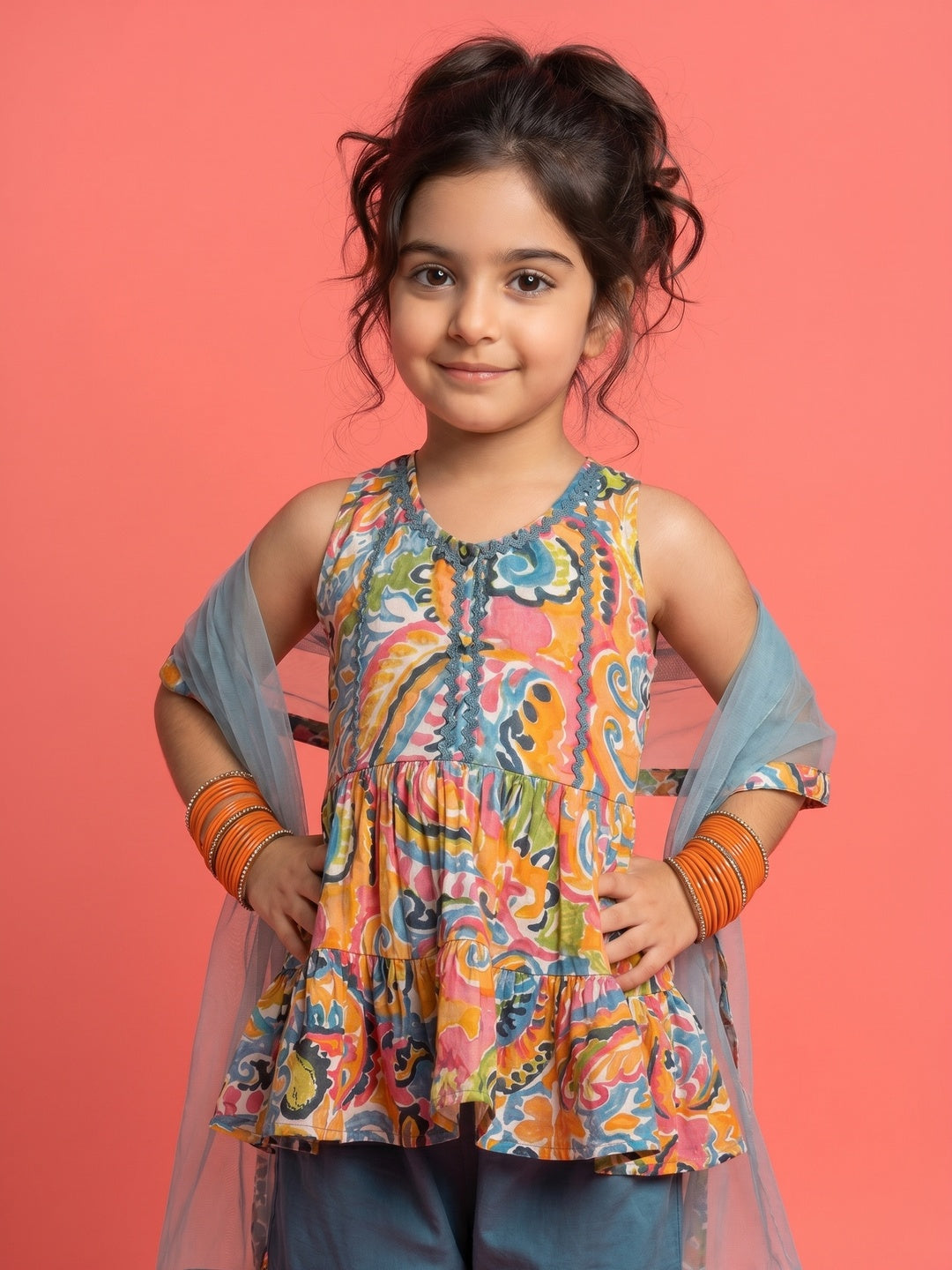 Nautinati Girls' A-line All-over Paisley Print Kurti, Solid Sharara, Net Dupatta Set with Gota Patti Details