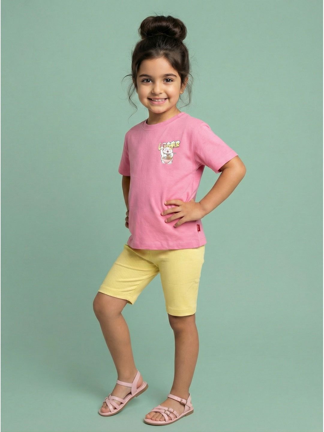 Nautinati Girls Lucky Cat Print Oversized Crew Neck Pink Cotton T-shirt and Biker Shorts Clothing Set