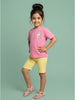 Nautinati Girls Lucky Cat Print Oversized Crew Neck Pink Cotton T-shirt and Biker Shorts Clothing Set