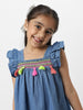 Nautinati Girls Embroidered Taselled Sleeveless Casual Wear Denim Dress