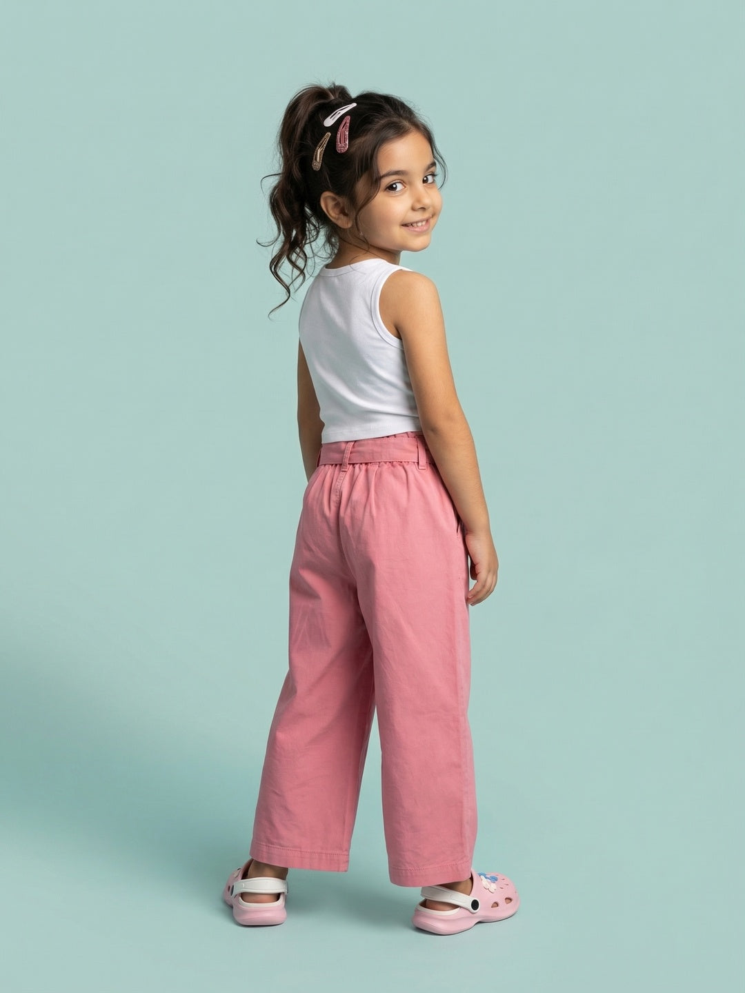 Nautinati Girls' 100% Cotton Solid Loose Fit Paperbag High-waist Wide-leg Pants with Belt