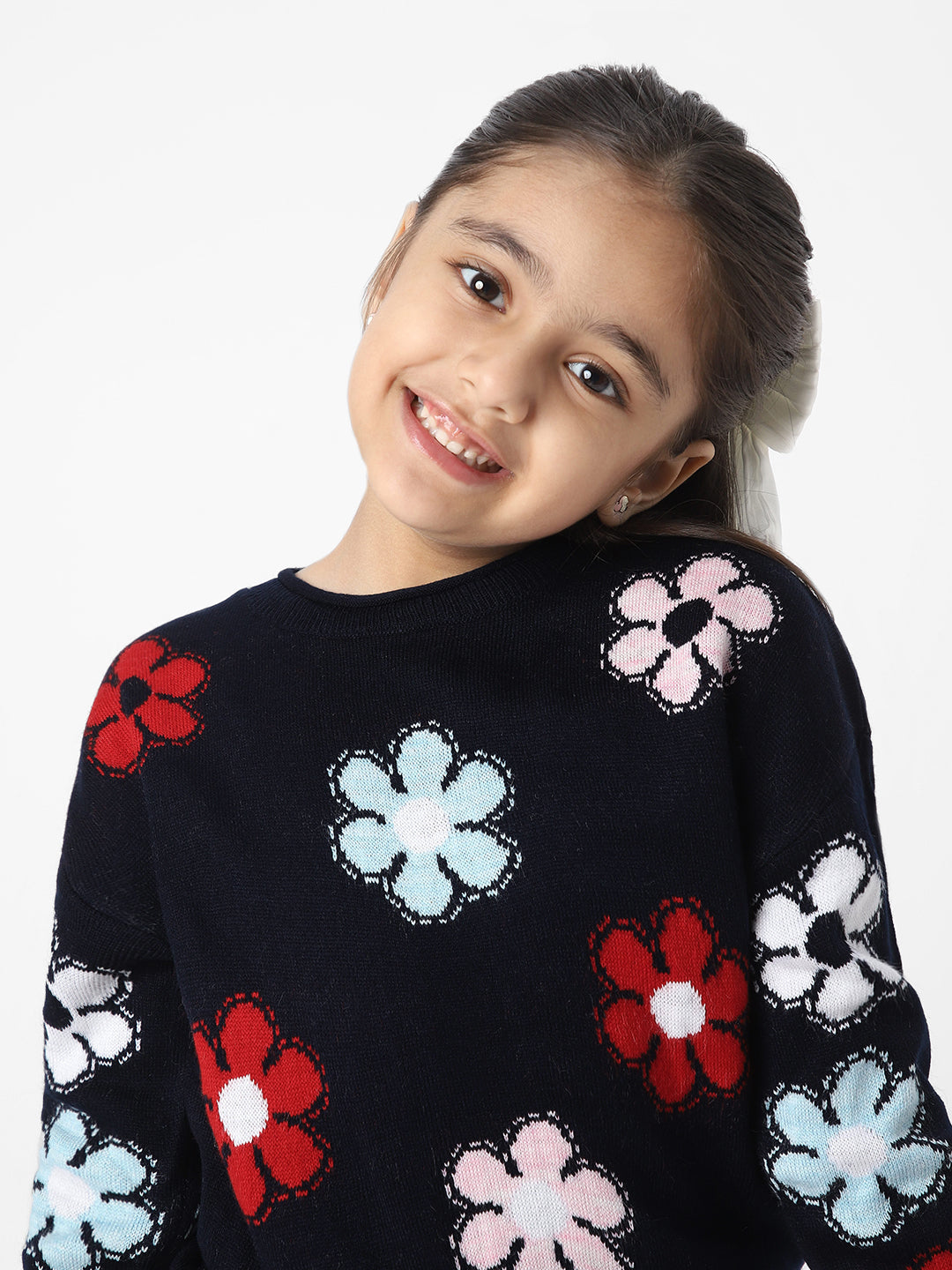 Girls Floral Jacquard Pullover Sweater