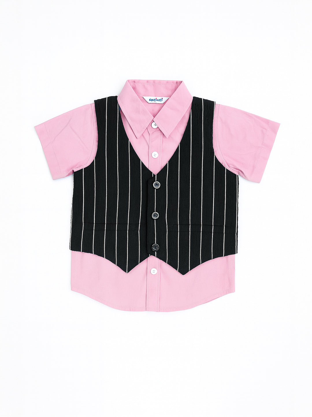 Nautinati Pink And Black Cotton Shirt With Striped Bottom & Waistcoat 3-Piece Set For Boys