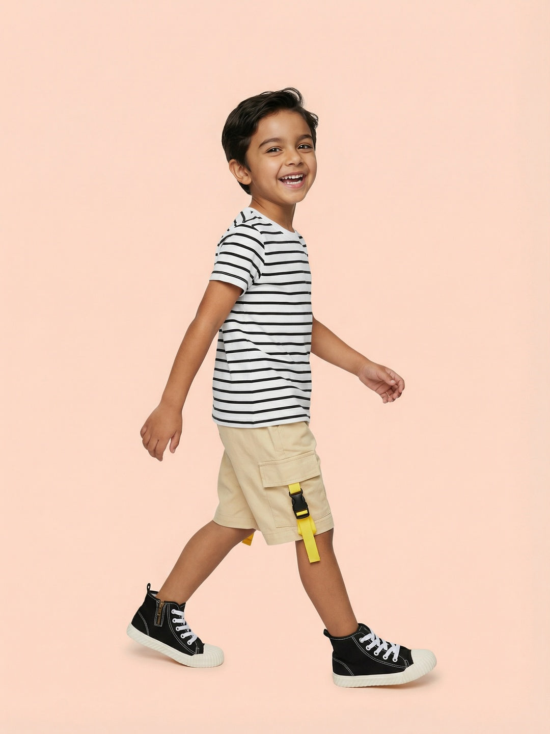 Nautinati Boys’ 100% Cotton Solid Cargo Shorts with Functional Strap & Buckle Details