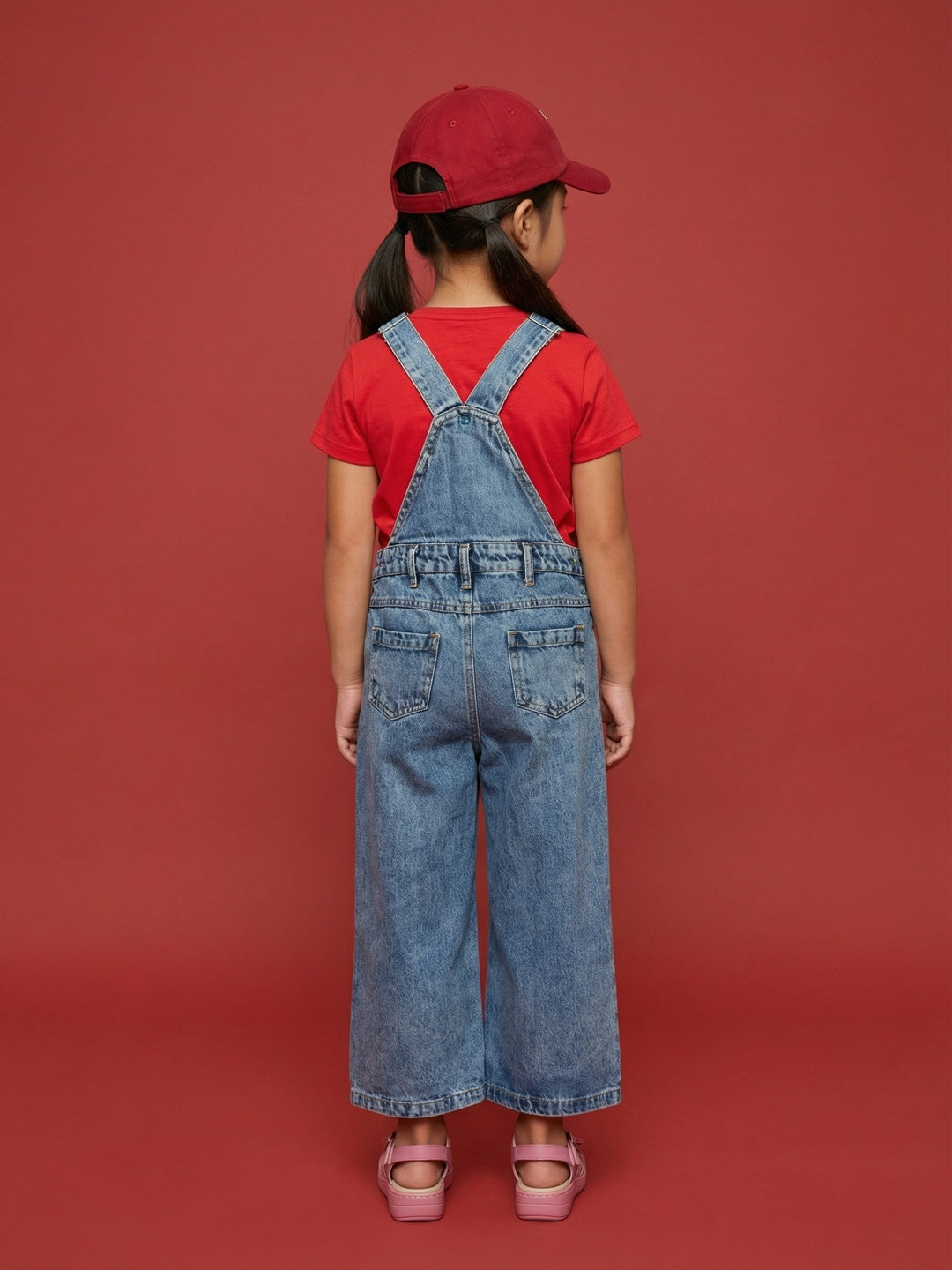Nautinati Girls Bow Printed Regular Fit Denim Dungaree Set