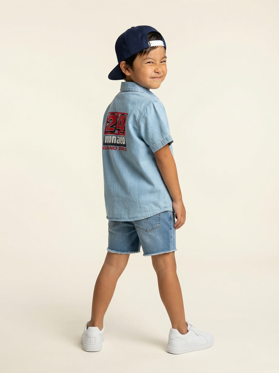 Nautinati Boys' 100% Cotton Racing Front & Back Placement Print Denim Shirt