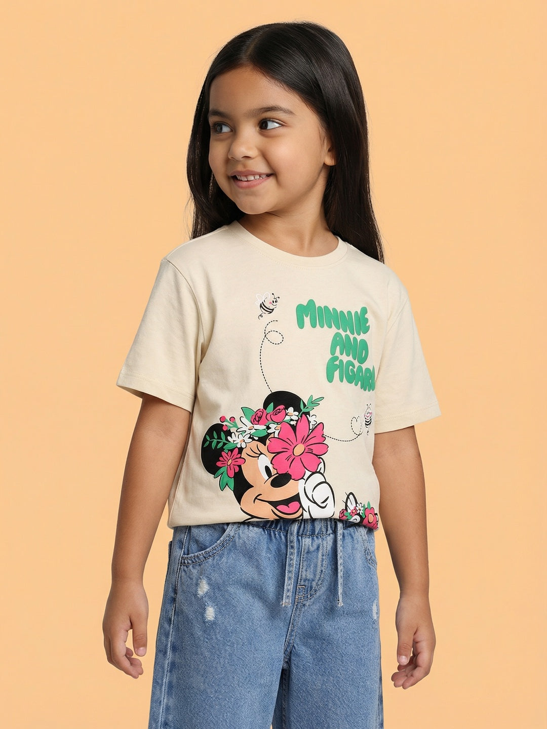 Nautinati Girls' 100% Cotton Disney Minnie & Figaro Garden Graphic Oversized Crew Neck T-shirt