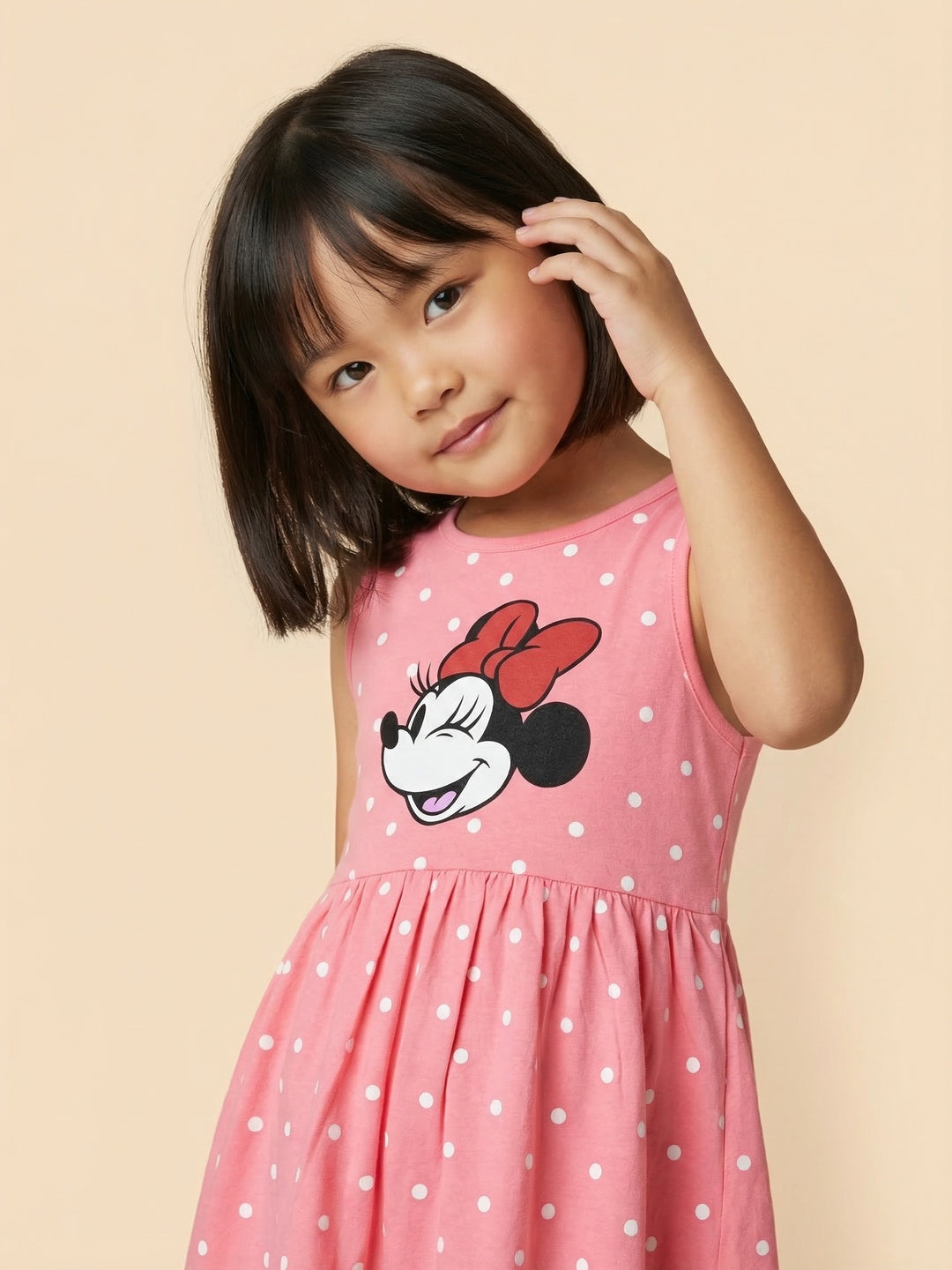 Nautinati Girls' 100% Cotton Disney Minnie Mouse Placement Print & Polka Dot Print Dress