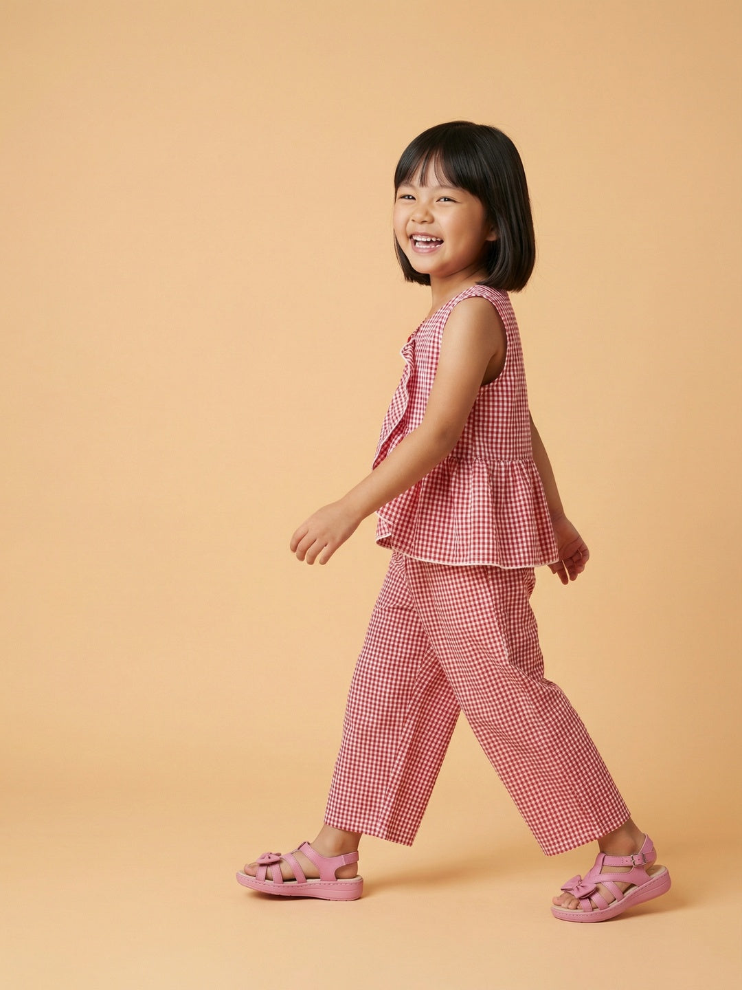 Nautinati Girls' Cotton Chequered Christmas Top and Trousers Co-ord Set