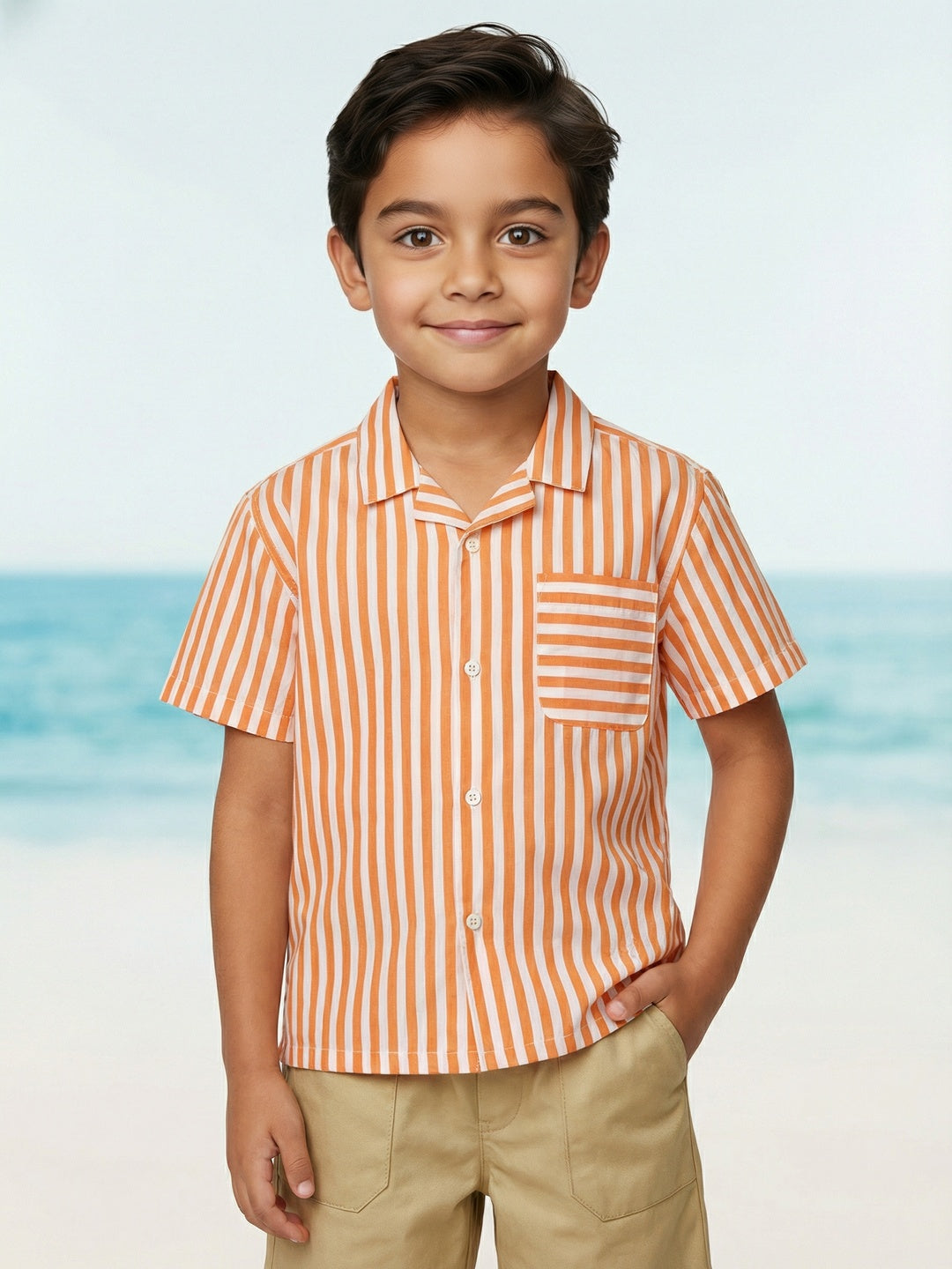 Nautinati Boys Orange Striped Oversized 100% Cotton Resort Shirt and Twill Shorts Clothing Set