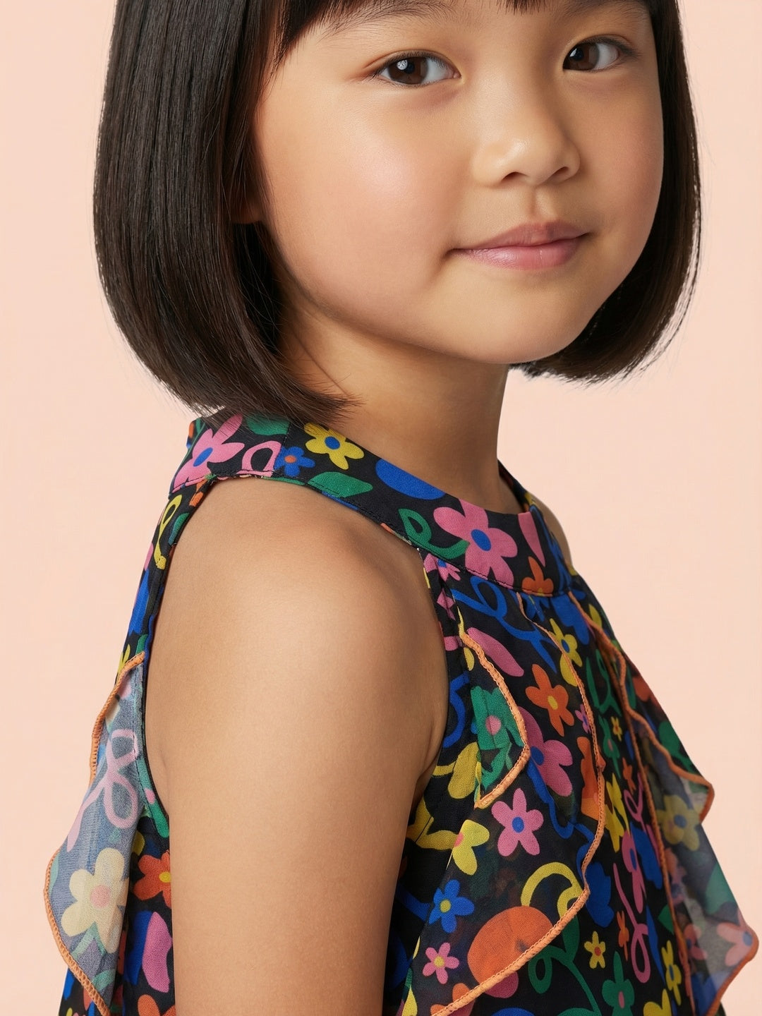 Nautinati Girls' Georgette All-over Floral Print A-line Ruffle Dress