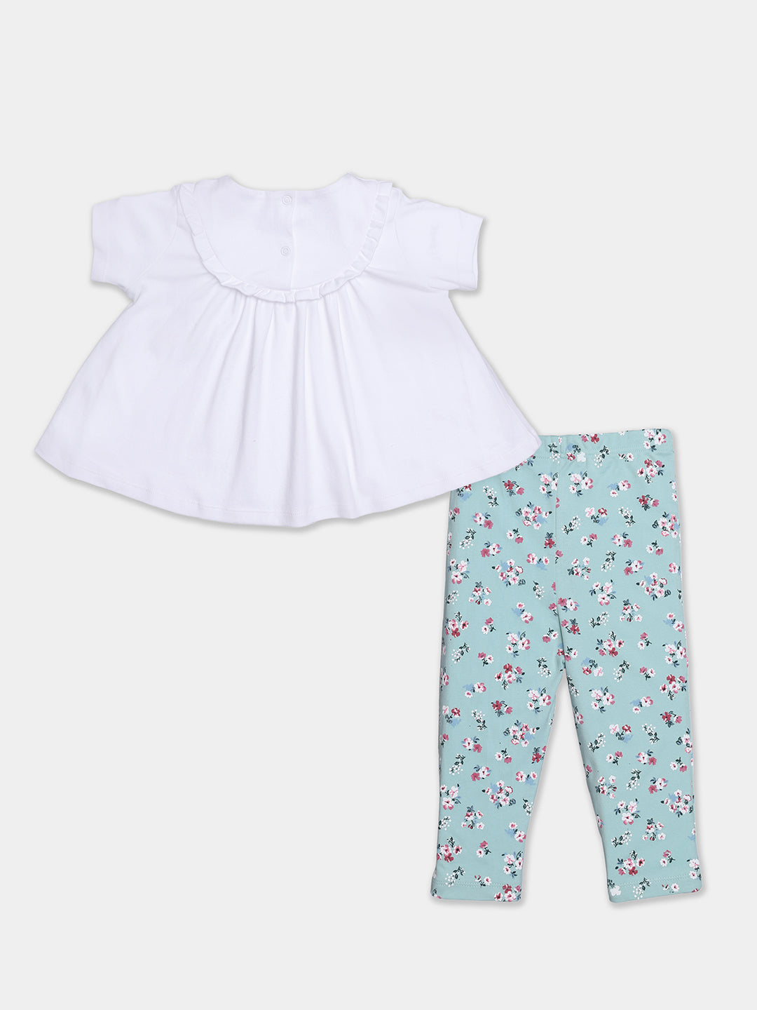 Nautinati Cotton White Top And Floral Green Leggings Set For Infant Girls