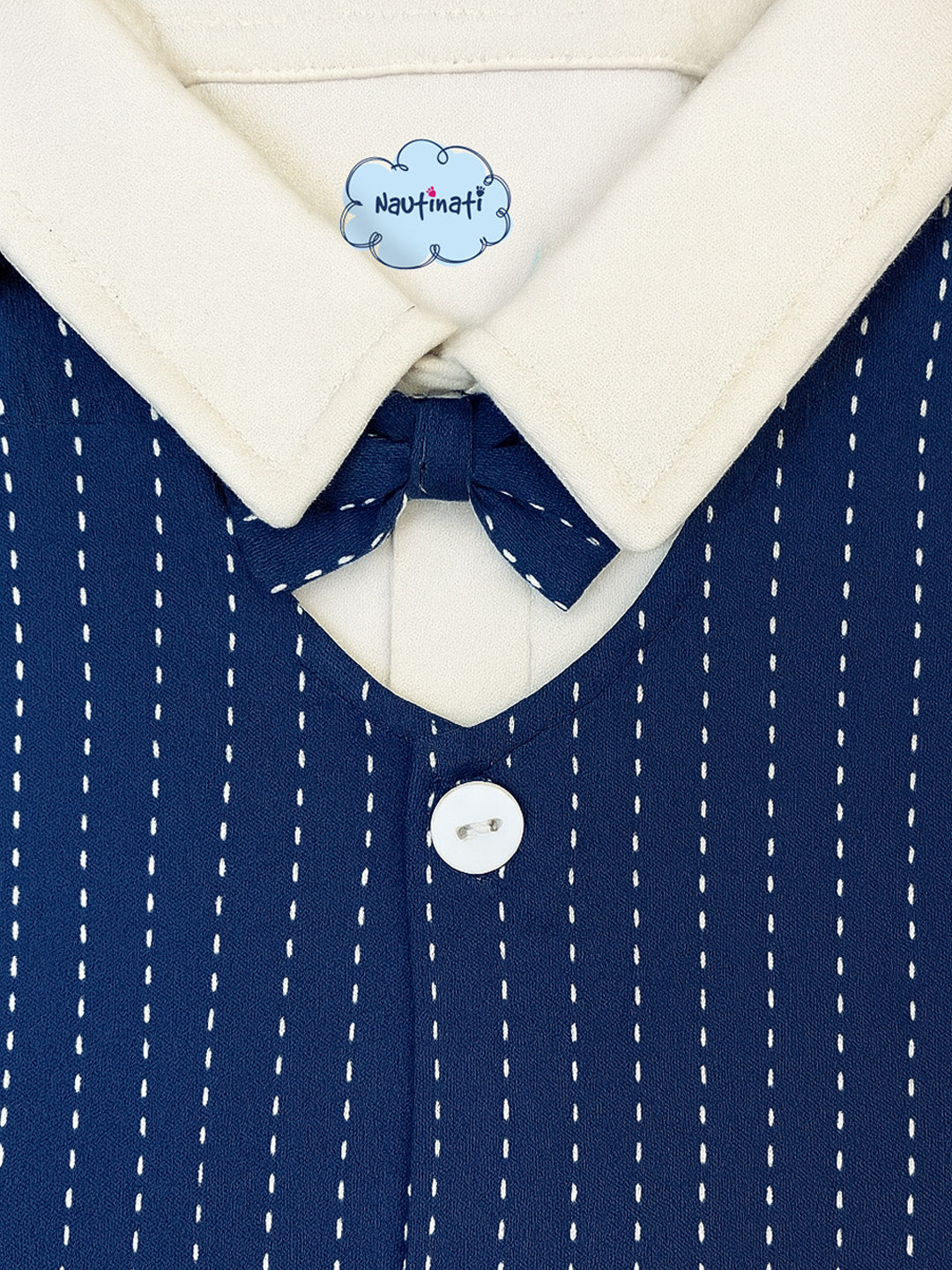 Nautinati Navy Blue And White Dotted Collared Romper With A Bow For Infant Boys