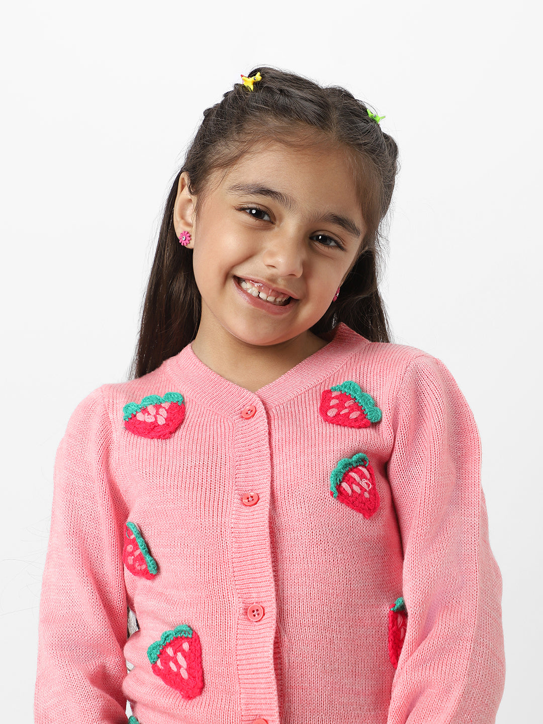 Nautinati Girls Peach Strawberries Embroidered Full Sleeves Acrylic Cardigan Sweater