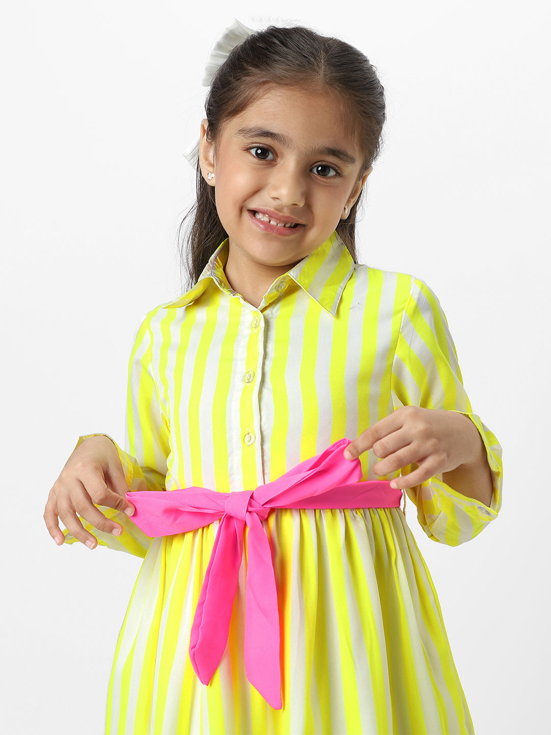 Nautinati Girls Yellow Striped Full Sleeves Collar Neck Casual Wear Knee Length Dress