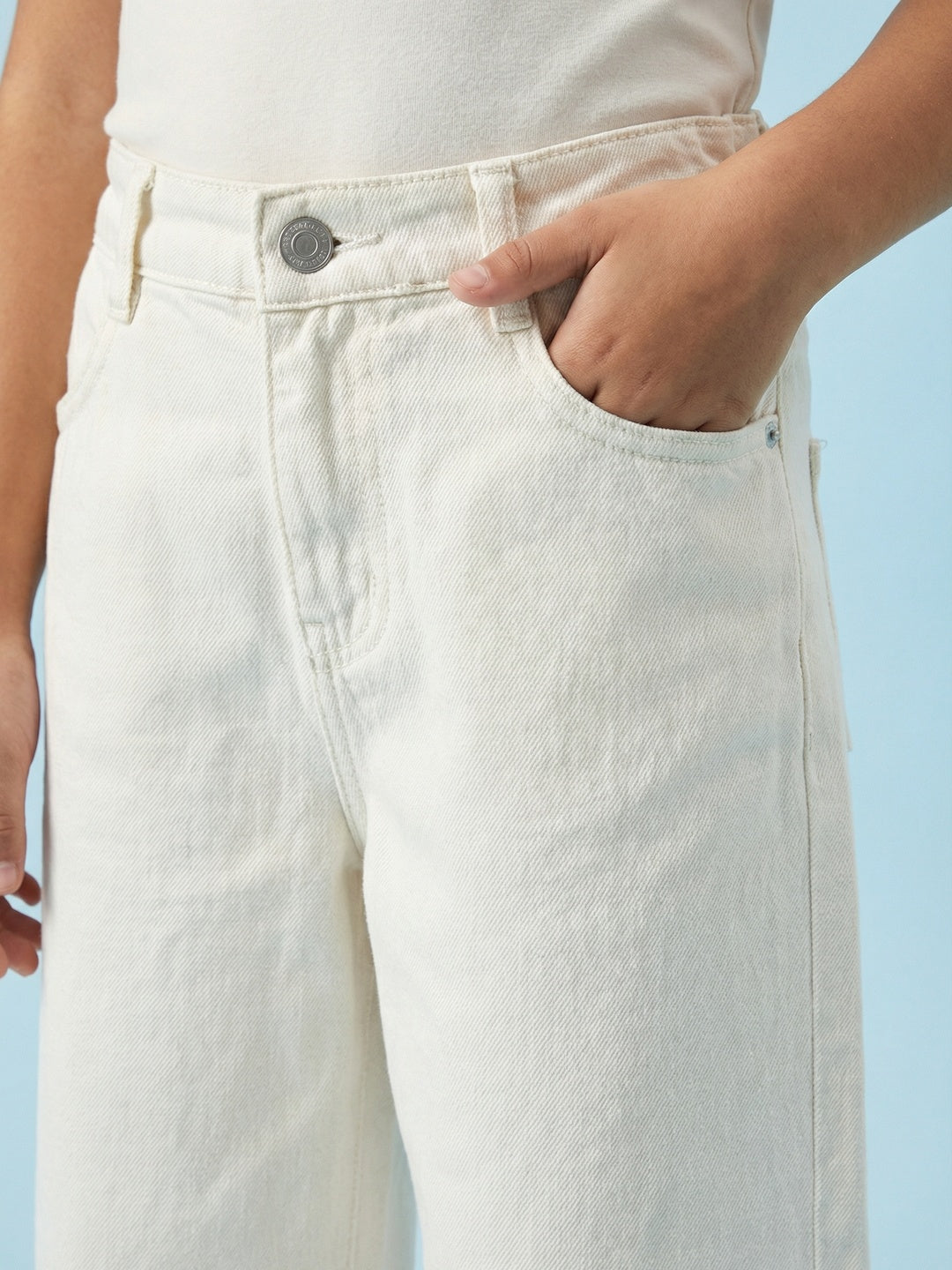 Nautinati  Girls' 100% Cotton White Overdyed Wide-leg Essentials Jeans