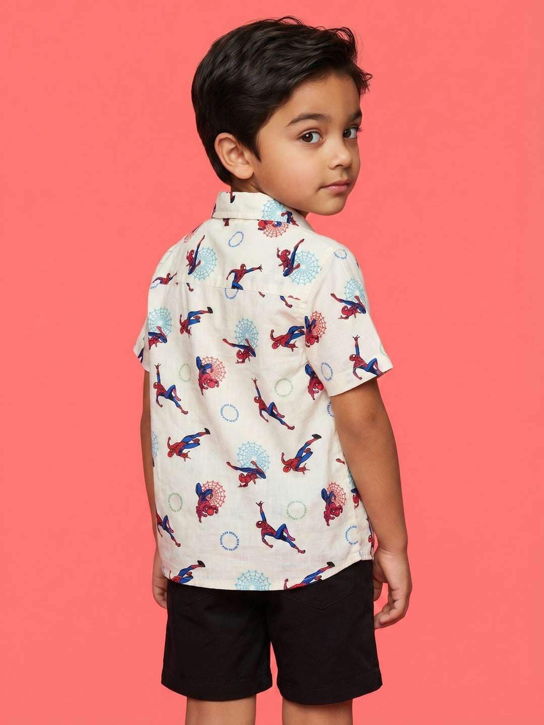 Nautinati Boys Spiderman Printed Regular Fit Resort collar shirt and Shorts Set