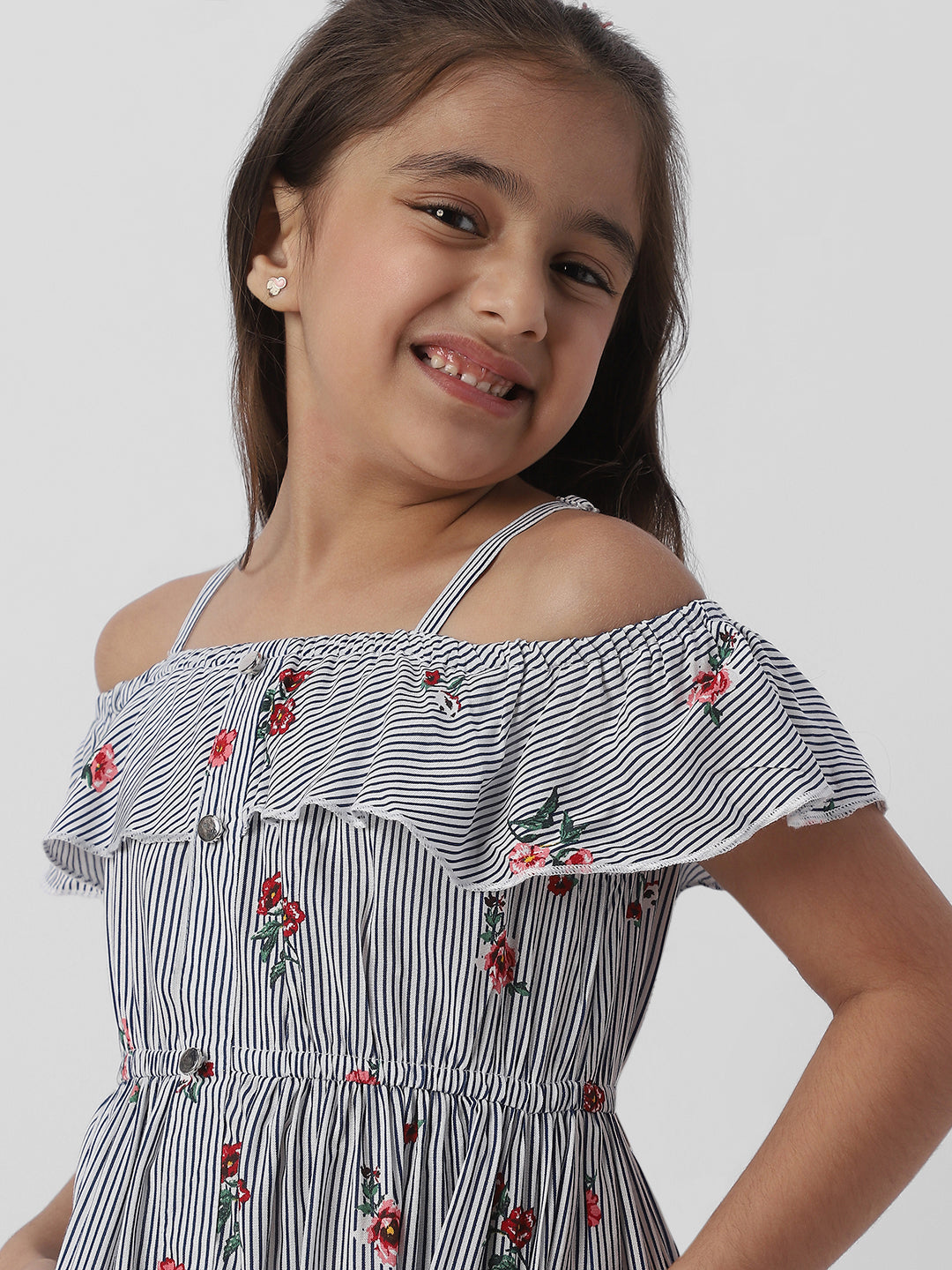 Nautinati Girls Striped Floral Print Dress