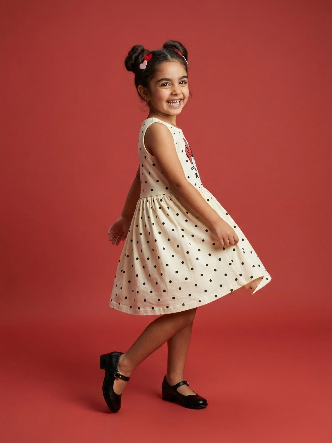 Nautinati Girls' 100% Cotton Disney Minnie Mouse Placement Print & Polka Dot Print Dress
