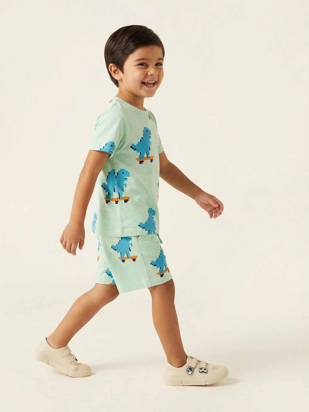 Nautinati Boys' Animal Printed Regular Fit Round Neck T-shirt and Shorts Co-ord Set