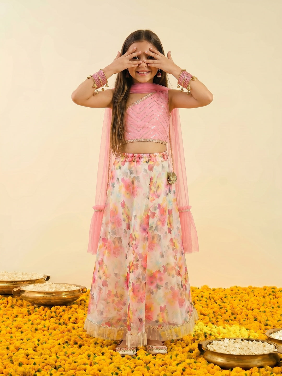 Nautinati Girls' All-over Floral Print Lehenga with Embellished Sequinned One-shoulder Choli Set with Net Dupatta