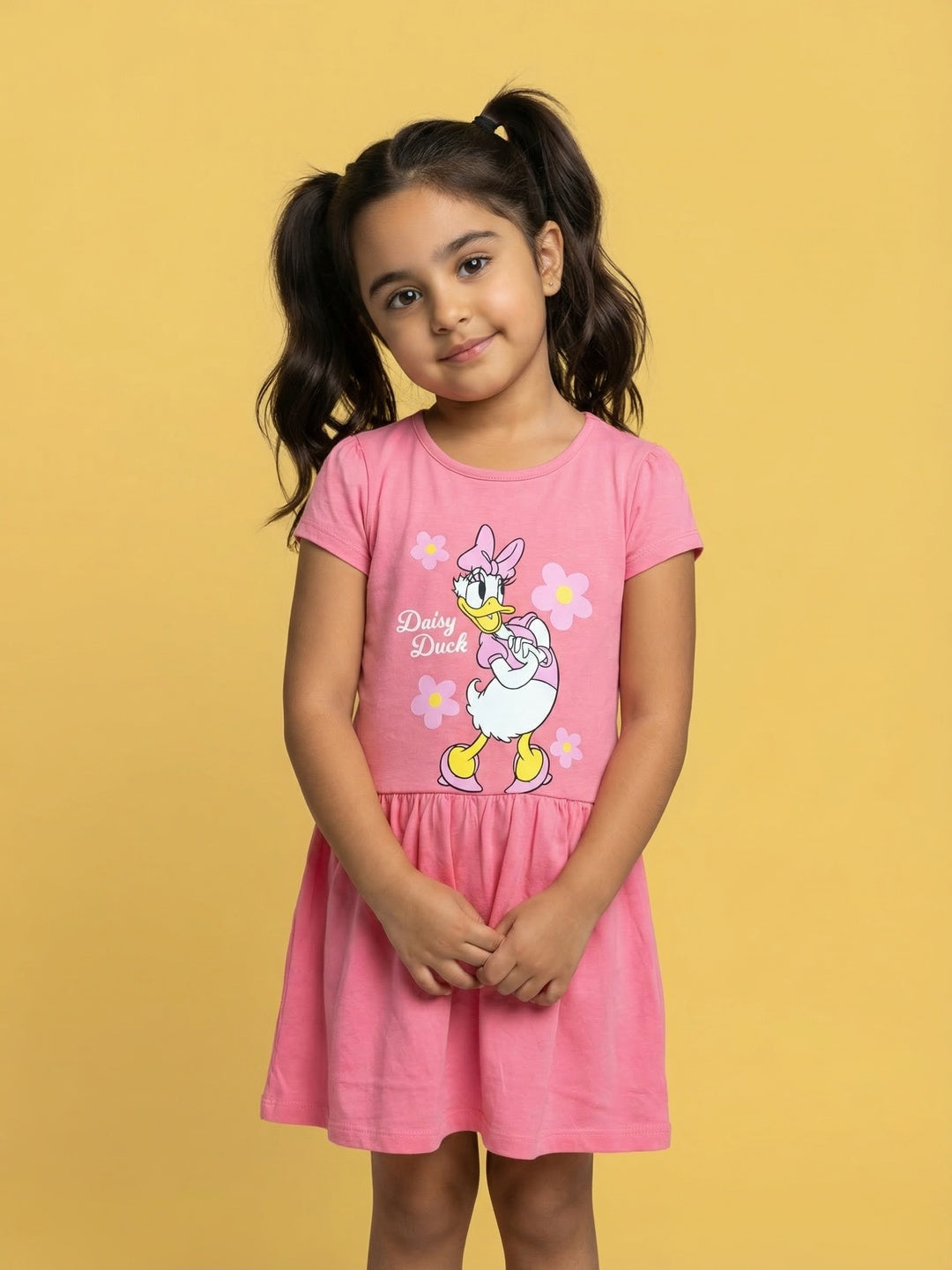 Nautinati Girls' 100% Cotton Disney Daisy Duck Floral Placement Print A-line Dress