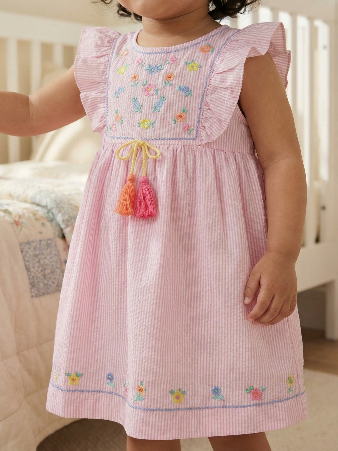 Nautinati Girls' 100% Cotton All-over Striped & Floral Embroidered Ruffled Fit and Flare Dress with Tassels