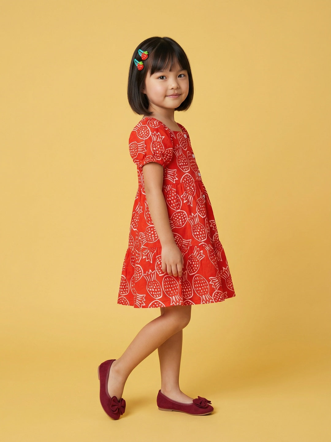 Nautinati Girls' Cotton Blend All-over Print Fit & Flare Dress with Puff Sleeves