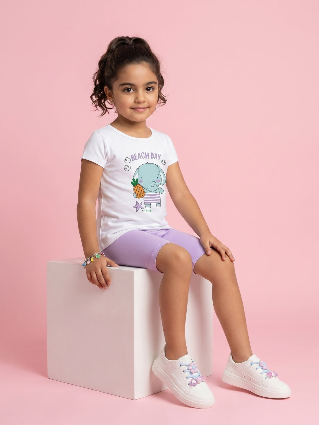 Nautinati Girls' Cotton Cute Elephant Printed T-shirt and Biker Shorts Co-ord Set