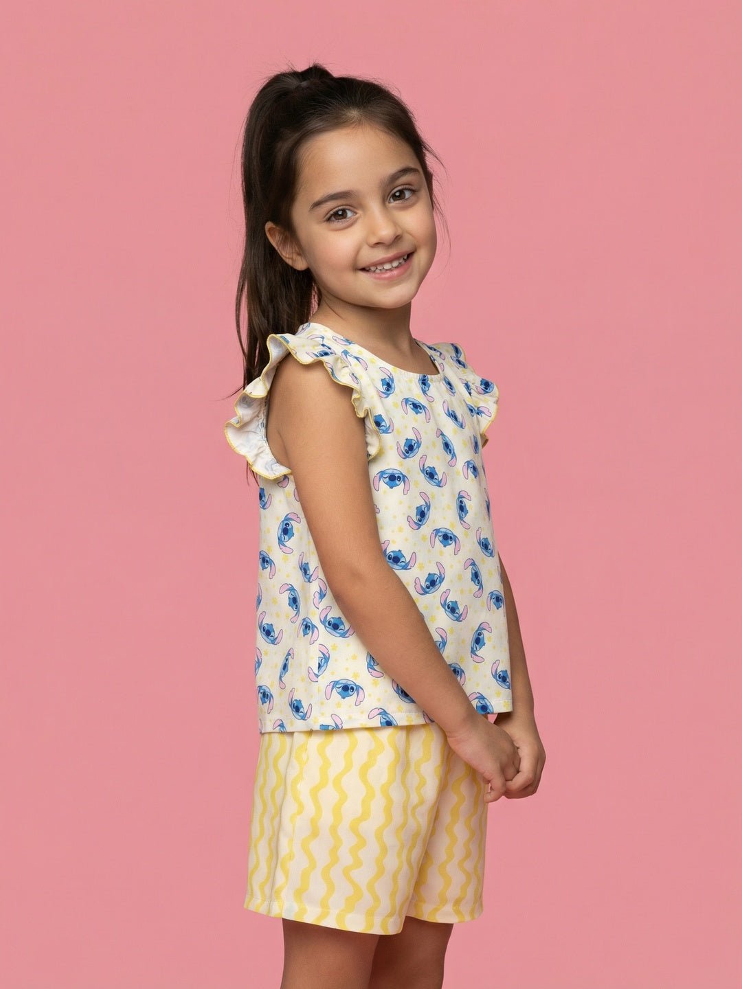 Nautinati Girls Lilo & Stich Printed Regular Fit Round Neck T-shirt and Shorts Clothing Set